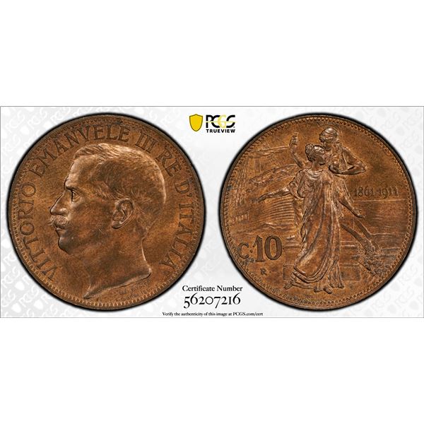 ITALY: Vittorio Emanuele III, 1900-1946, AE 10 centesimi, 1911-R, PCGS MS65 RB