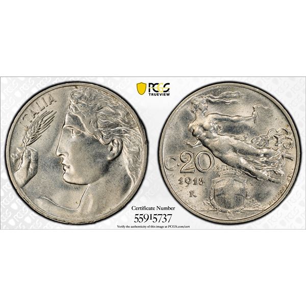 ITALY: Vittorio Emanuele III, 1900-1946, 20 centesimi, 1913-R, PCGS AU58
