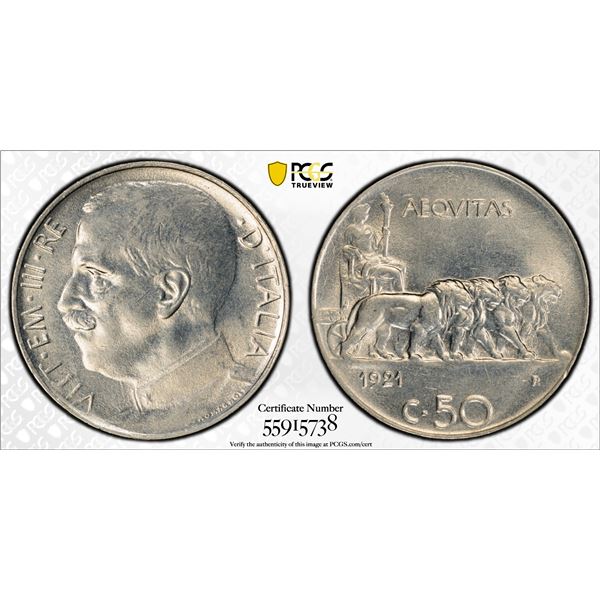 ITALY: Vittorio Emanuele III, 1900-1946, 50 centesimi, 1921-R, PCGS MS62