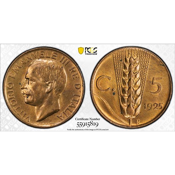 ITALY: Vittorio Emanuele III, 1900-1946, AE 5 centesimi, Rome, 1925-R, PCGS MS64 RB