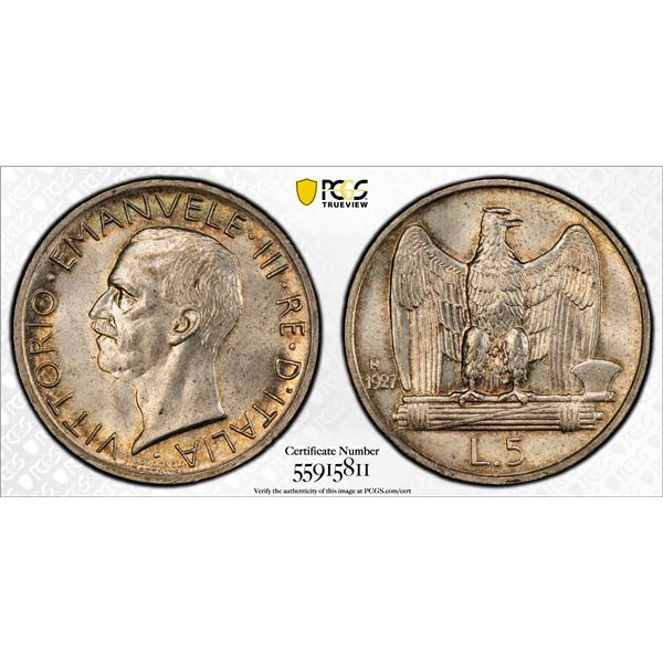 ITALY: Vittorio Emanuele III, 1900-1946, AR 5 lire, Rome, 1927-R, PCGS MS64
