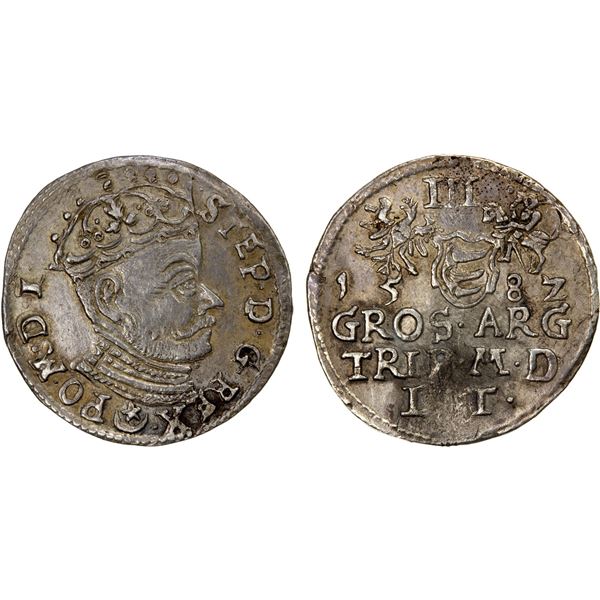 LITHUANIA: Stephan Bathori, 1575-1586, AR 3 groschen (2.37g), 158Z, XF