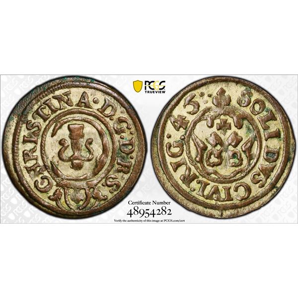 LIVONIA: Christina, of Sweden, 1632-1654, BI solidus, Riga, 1645, PCGS MS61