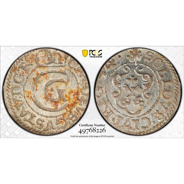 LIVONIA: Christina, of Sweden, 1632-1654, AR solidus, Riga, [16]54, PCGS MS61