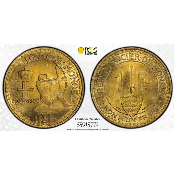 MONACO: Louis II, 1922-1949, 1 franc, 1926, PCGS MS65