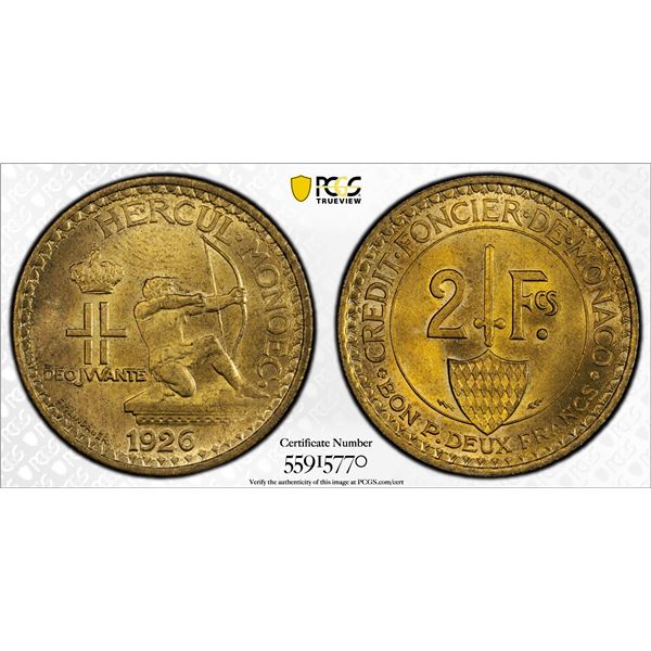 MONACO: Louis II, 1922-1949, 2 francs, 1926, PCGS MS64
