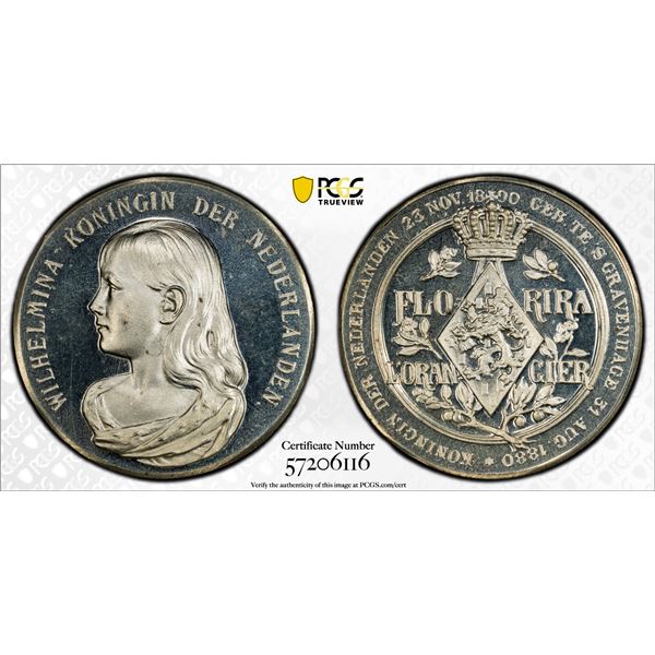 NETHERLANDS: Wilhelmina, 1890-1948, AR medal, 1890, PCGS PF66 Deep Cameo
