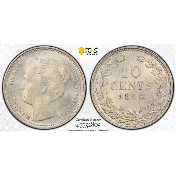 NETHERLANDS: Wilhelmina, 1890-1848, AR 10 cents, 1898, PCGS MS65