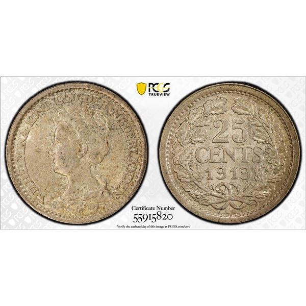NETHERLANDS: Wilhelmina, 1890-1948, AR 25 cents, 1919, PCGS MS63