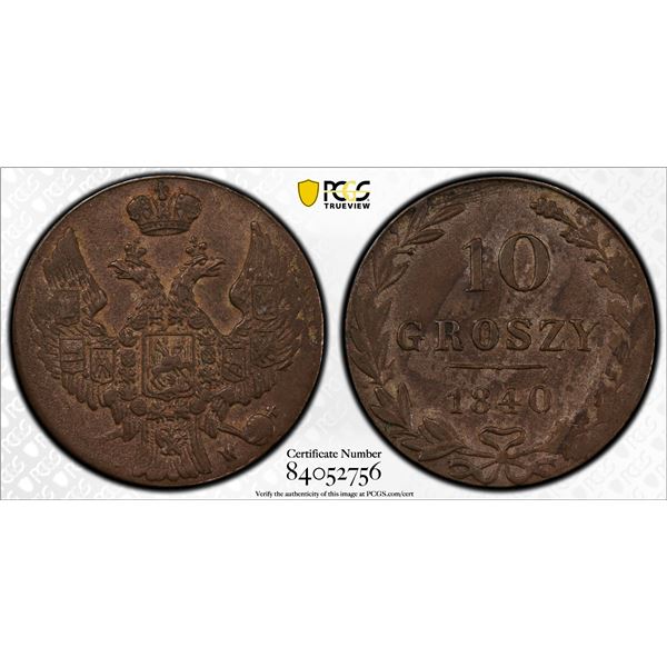POLAND: Nicholas I, 1825-1855, BI 10 groszy, 1840-MW, PCGS AU50