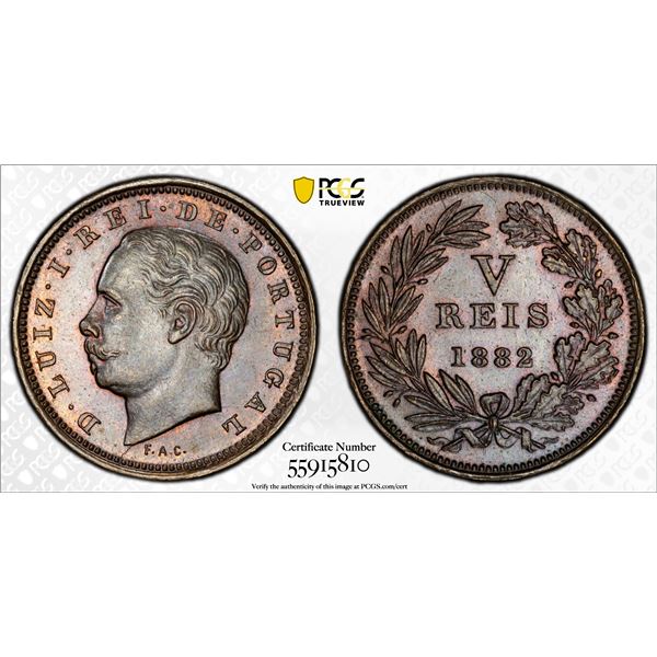 PORTUGAL: Luiz I, 1861-1889, AE 5 reis, 1882, PCGS MS63 BN