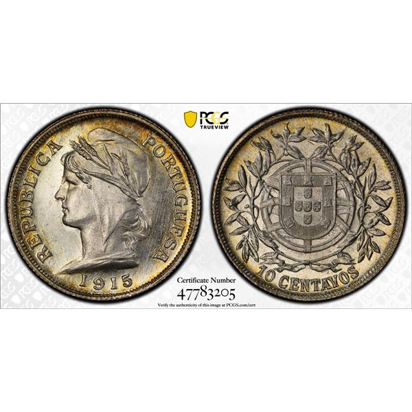 PORTUGAL: Republic, AR 10 centavos, 1915, PCGS MS66