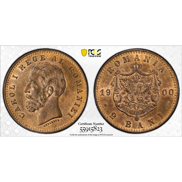ROMANIA: Carol I, 1881-1914, AE 2 bani, 1900-B, PCGS MS65 RB
