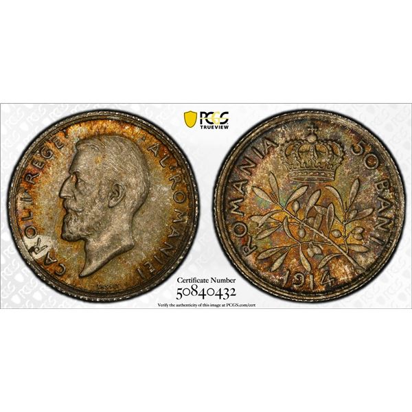 ROMANIA: Carol I, 1881-1914, AR 50 bani, Brussels, 1914, PCGS MS65