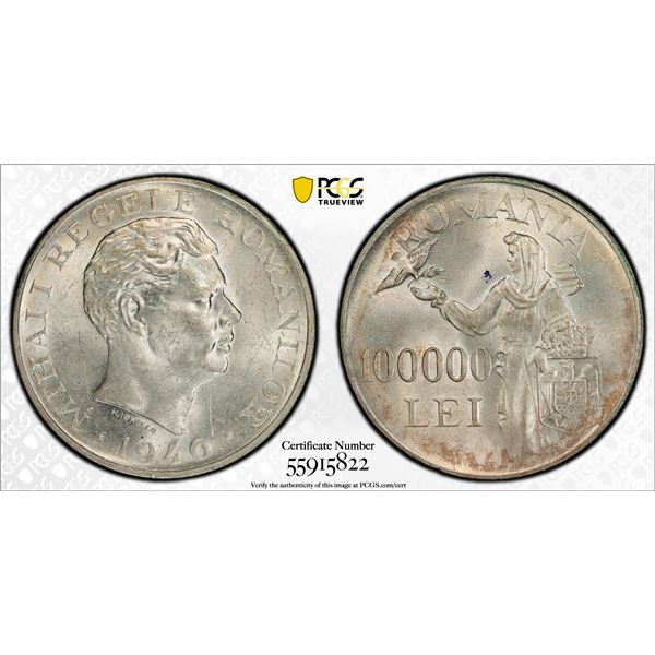 ROMANIA: Mihal I, 1940-1947, AR 100,000 lei, 1946, PCGS MS62