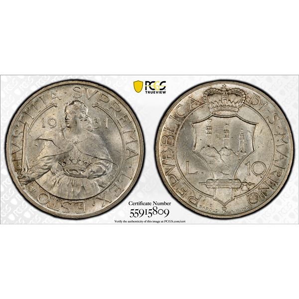 SAN MARINO: Republic, AR 10 lire, 1931-R, PCGS MS64