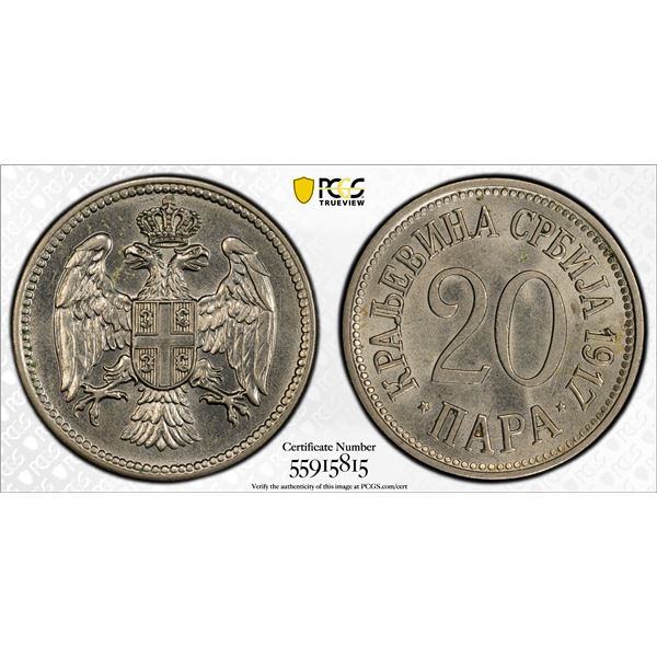 SERBIA: Peter I, 1903-1918, 20 para, 1917, PCGS MS64
