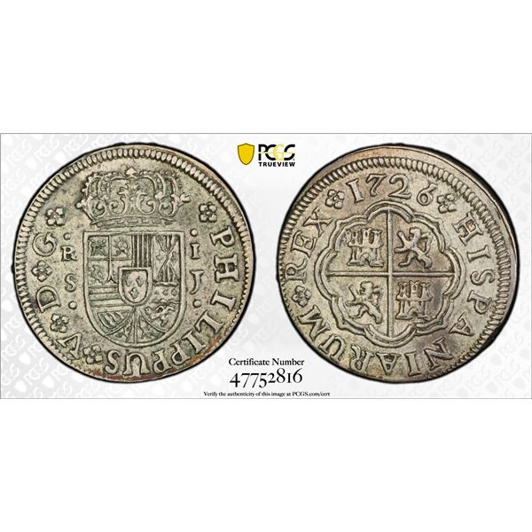 SPAIN: Felipe V, 1700-1746, AR real, Sevilla, 1726-S, PCGS AU55