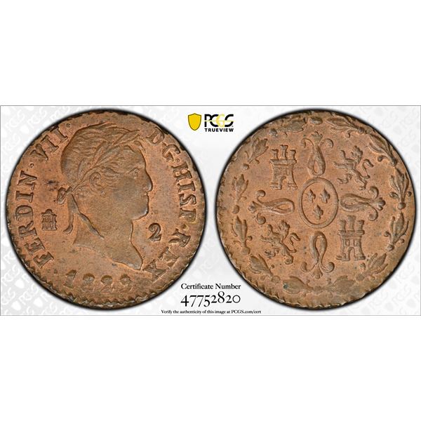 SPAIN: Fernando VII, 1808-1833, AE 2 maravedis, Segovia, 1829, PCGS MS63 BN