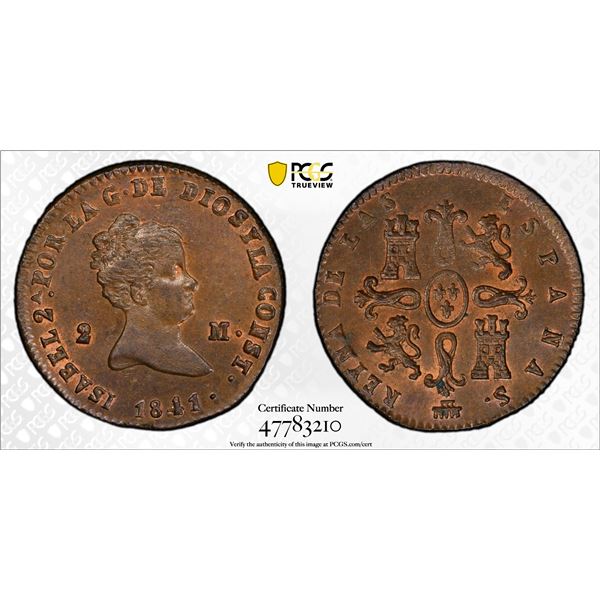 SPAIN: Isabel II, 1833-1868, AE 2 maravedis, Segovia, 1841, PCGS MS64 BN