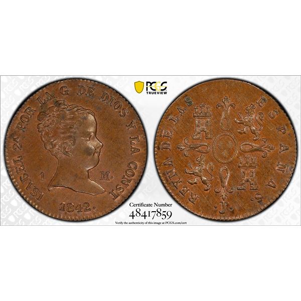 SPAIN: Isabel II, 1833-1868, AE maravedi, Jubia, 1842, PCGS MS64 BN