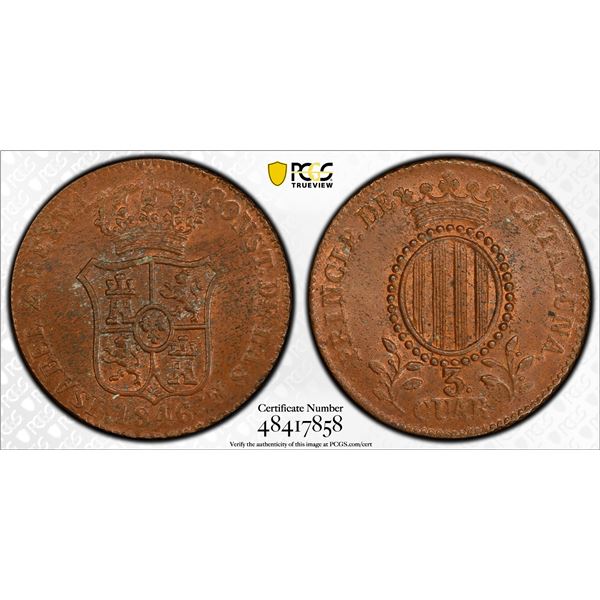 SPAIN: Catalonia: Isabel II, 1833-1868, AE 3 quartos, 1846, PCGS MS62 BN
