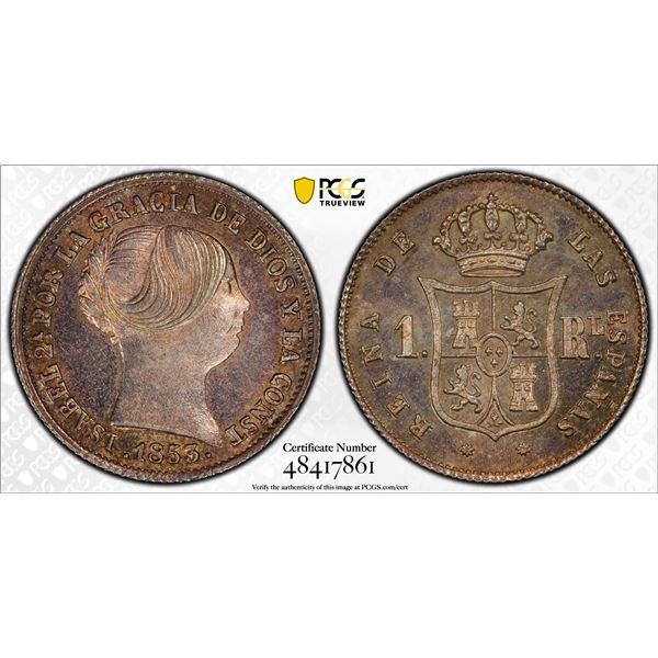 SPAIN: Isabel II, 1833-1868, AR real, Barcelona, 1853, PCGS MS63