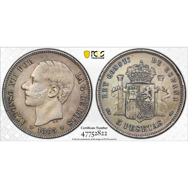 SPAIN: Alfonso XII, 1874-1885, AR 5 pesetas, 1885 (86), PCGS EF45