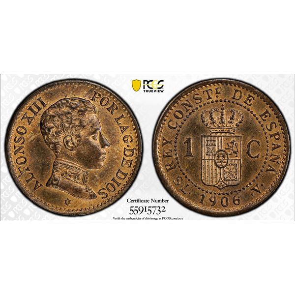SPAIN: Alfonso XIII, 1886-1931, AE centimo, 1906(6), PCGS MS64 RB