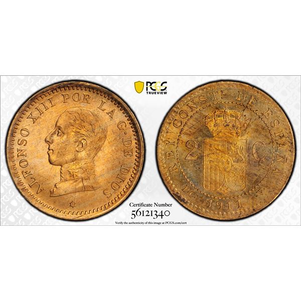 SPAIN: Alfonso XIII, 1886-1931, AE 2 centimos, 1911, PCGS MS65 RB