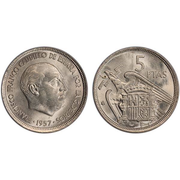 SPAIN: Francisco Franco, caudillo, 1947-1975, 5 pesetas, 1957(58), PCGS MS64
