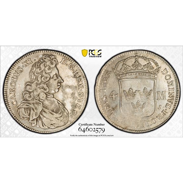 SWEDEN: Carl XI, 1660-1697, AR 4 mark, 1693, PCGS XF details