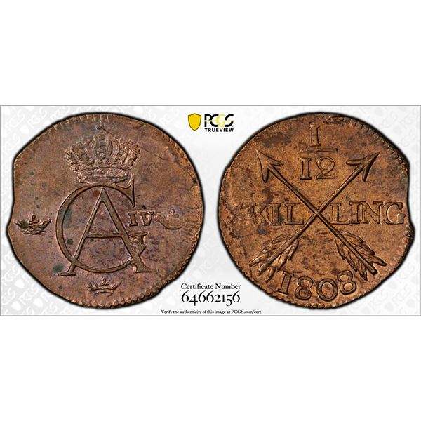 SWEDEN: Gustav IV Adolf, 1792-1809, AE 1/12 skilling, 1808, PCGS UNC details