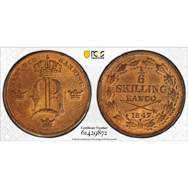 SWEDEN: Oscar I, 1844-1859, AE 1/3 skilling, 1847, PCGS MS65 RB