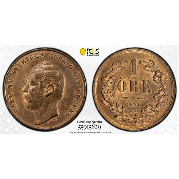 SWEDEN: Carl XV Adolf, 1859-1872, AE öre, 1870, PCGS MS65 RB