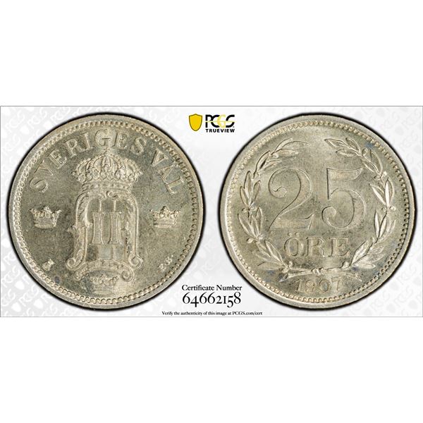 SWEDEN: Oscar II, 1872-1907, AR 25 öre, 1907, PCGS MS64