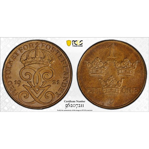 SWEDEN: Gustaf V, 1907-1950, AE 1 ore, 1921, PCGS MS66 BN
