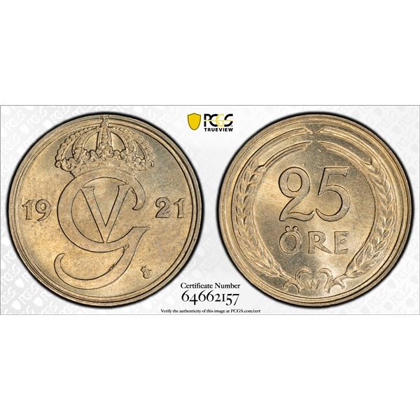 SWEDEN: Gustav V, 1907-1950, 25 øre, 1921, PCGS MS65