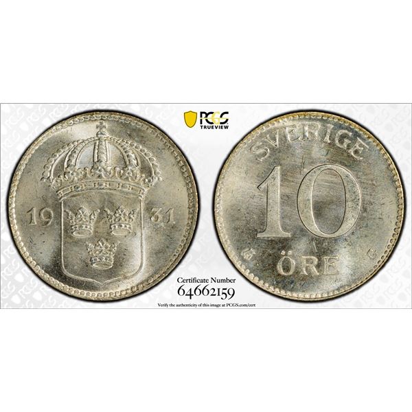 SWEDEN: Gustav V, 1907-1950, AR 10 öre, 1931-G, PCGS MS66