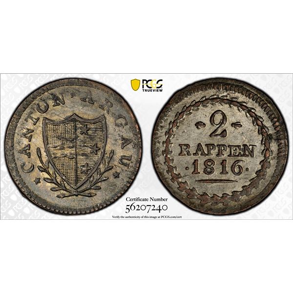 SWITZERLAND: AARGAU: Canton, BI 2 rappen, 1816, PCGS MS64