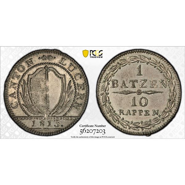 SWITZERLAND: LUZERN: Republic, BI batzen, 1813, PCGS MS62