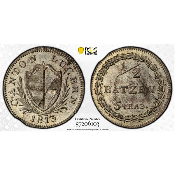 SWITZERLAND: LUZERN: Republic, BI 1/2 batzen, 1813, PCGS MS62