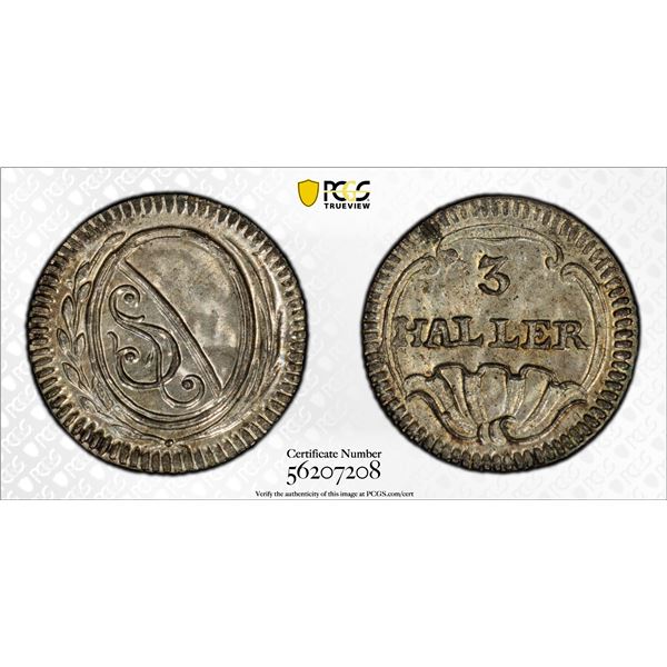 SWITZERLAND: ZÜRICH: Canton, BI 3 haller, ND (1827-41), PCGS MS65