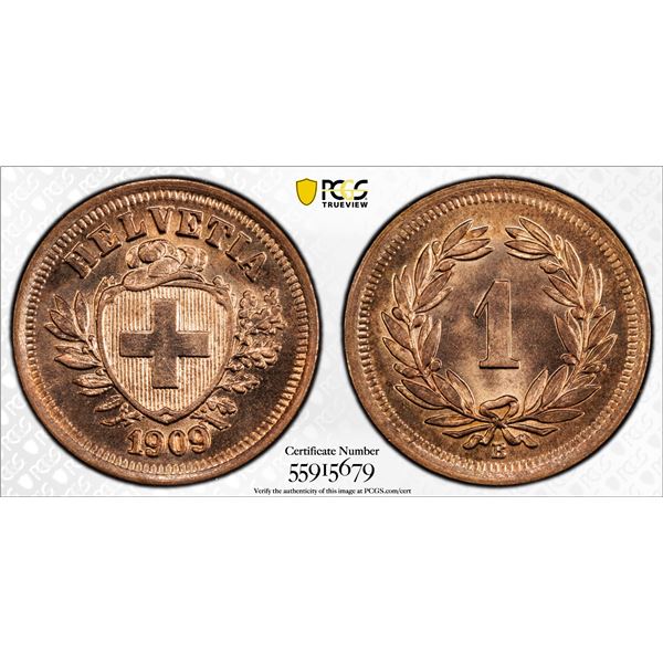 SWITZERLAND: Confederation, AE rappen, 1909-B, PCGS MS65 RB