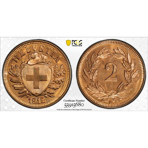 SWITZERLAND: Confederation, AE 2 rappen, 1912-B, PCGS MS65 RB