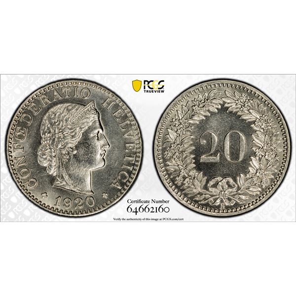 SWITZERLAND: Confederation, 20 rappen, 1920-B, PCGS MS66