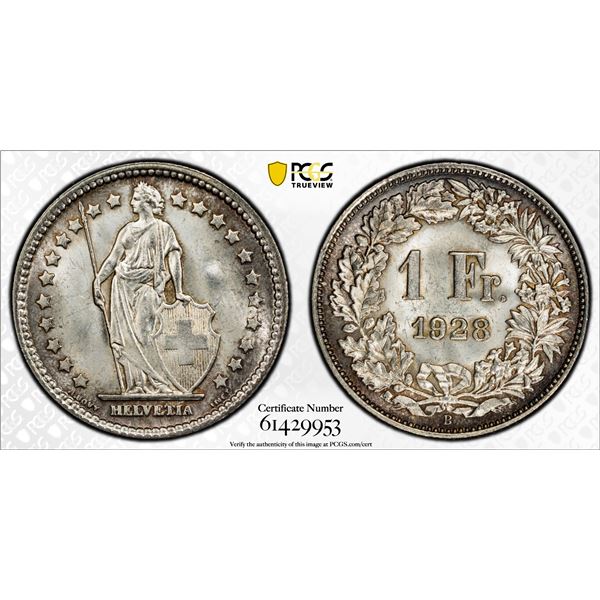 SWITZERLAND: Confederation, AR franc, 1928, PCGS MS65