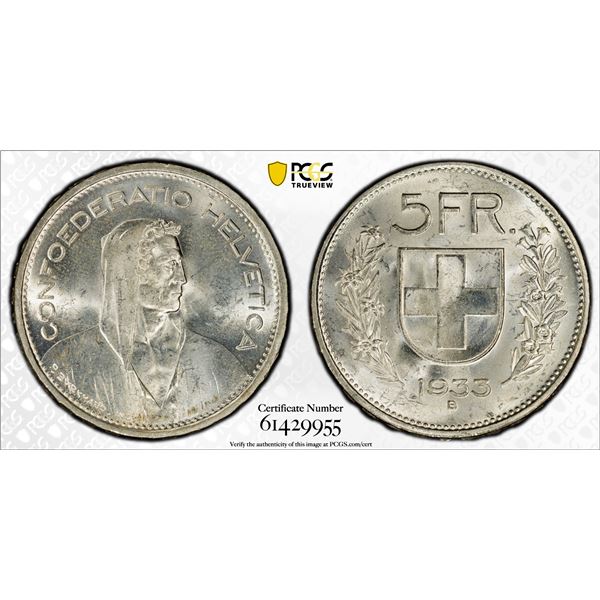 SWITZERLAND: Confederation, AR 5 francs, 1933, PCGS MS63