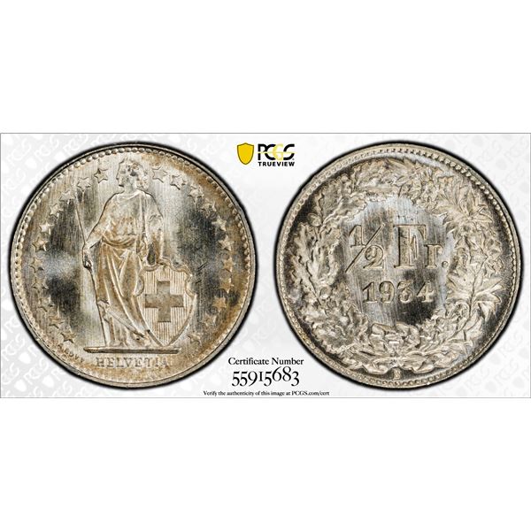 SWITZERLAND: Confederation, AR 1/2 franc, 1934-B, PCGS MS67