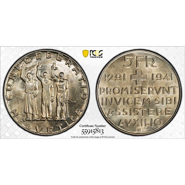 SWITZERLAND: Confederation, AR 5 francs, 1941-B, PCGS MS65